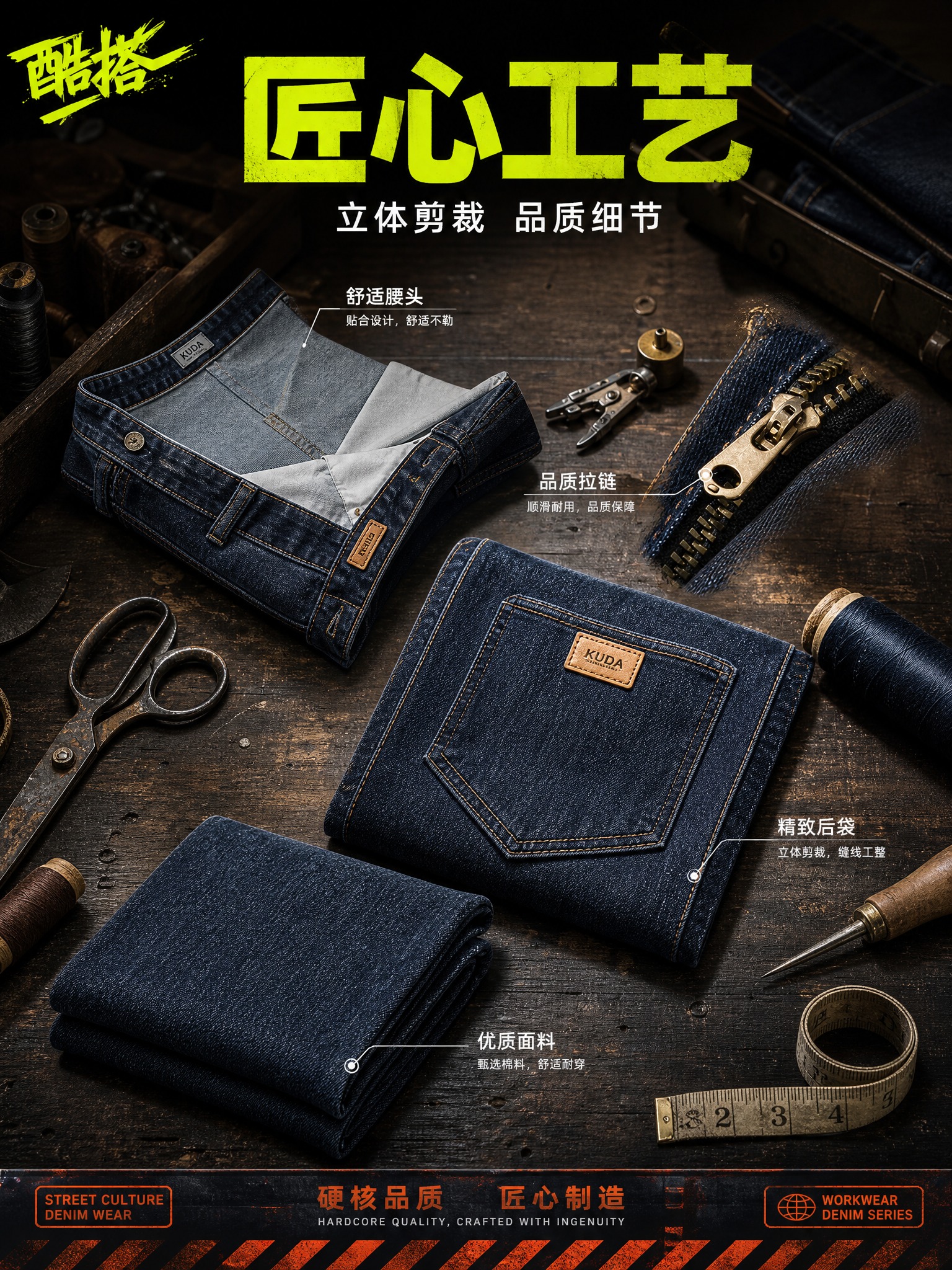 [主图-5] 主任务：硬核工艺细节展示，突出牛仔裤的立体剪裁和… - 图片创意预览