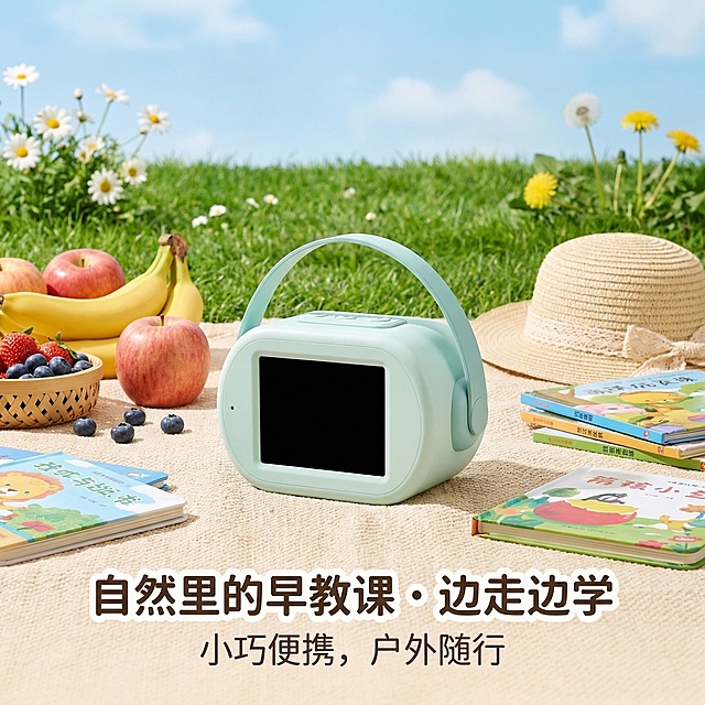 户外清新风，高清，自然光，1:1尺寸，画面展示浅薄荷绿早教机置于野餐垫上，旁边搭配水果、绘本与遮阳帽，严格还原产品所有细节，包括包装设计、颜色、LOGO位置、文字内容、图案元素，保持产品尺寸约10cm×8cm×6cm比例1:1，背景为草坪与蓝天，主标题"自然里的早教课・边走边学"，副标题"小巧便携，户外随行"，文字统一采用圆润无衬线字体，底部居中排版，整体风格清新自由，禁止模糊、噪点、畸变，禁止改变产品外观尺寸，禁止背景杂乱，禁止文字错位，禁止非1:1比例，禁止出现危险物品