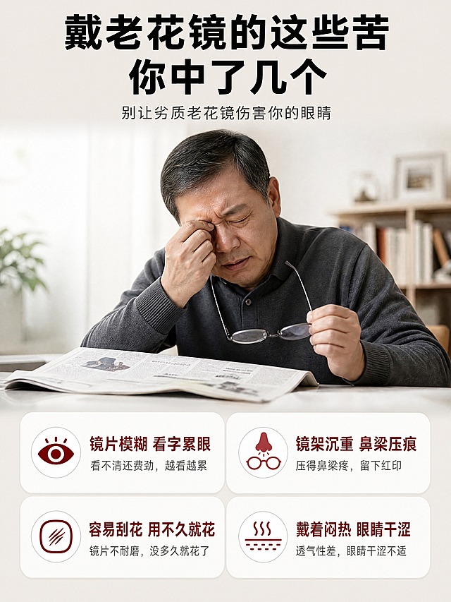 [商品] 本页为痛点直击页，无需产品图。
[画面] 第2张 痛点直击。目标：引发中老年人老花眼佩戴不适的共鸣。画面采用真实困扰场景+问题清单形式，上半部分是一位50岁左右的中老年男性（亚洲面孔）皱眉揉眼睛的特写，面前放着报纸和一副普通老花镜，表情疲惫难受，体现佩戴不适的困扰。下半部分是四个痛点卡片，2x2排列，每个卡片配一个小图标和痛点描述。背景为浅暖灰色，整体氛围真实有代入感。
[视觉] 套系策略：风格=抖音电商高级实拍质感；标题字=现代无衬线粗黑体；正文字=简洁无衬线体；主色=浅暖灰；背景延展=基于浅暖灰做深浅层级和柔和渐变；强调色=暗红色（痛点警示）+墨绿色；标题色=深黑色；正文色=深灰色；组件=圆角白底痛点卡、红色警示小图标；光影=柔和自然光，人物面部光线自然。
[文字] 画面顶部大标题"戴老花镜的这些苦 你中了几个"，深黑色粗体大字，居中。标题下方一行小字"别让劣质老花镜伤害你的眼睛"，深灰色中号字。四个痛点卡片分别是：左上"镜片模糊 看字累眼"，右上"镜架沉重 鼻梁压痕"，左下"容易刮花 用不久就花"，右下"戴着闷热 眼睛干涩"。每个痛点标题为暗红色粗体，下方有一行深灰色小字说明。文字清晰，手机端可读。
[规格] 图片比例3:4竖版，4K，避免人物面部扭曲、文字错字、画面杂乱、低俗表达、绝对化用语。