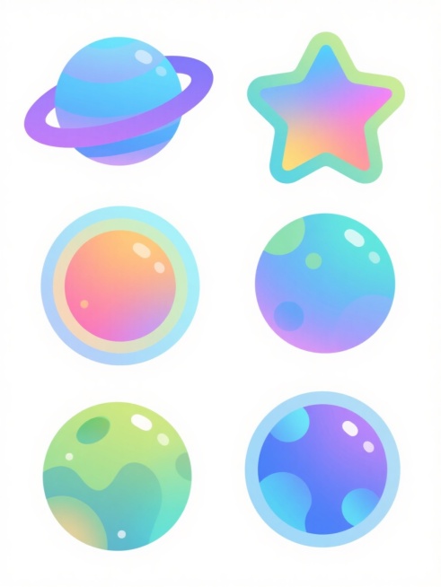 六个不同配色、不同样式、不同材质的宇宙元素，包括带有渐变蓝紫色光环的行星、多彩五角星、圆形星球等，采用扁平插画风格，边缘圆润，色彩明快且带有柔和渐变，表面有细微光斑和纹理细节，元素间保持均匀间距，整齐排列在纯白色背景上，整体呈现出活泼可爱的卡通宇宙主题视觉效果。预览效果