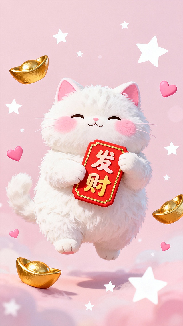 软3D风萌猫手持“发财”红包，毛发生长质感细腻，鎏金元宝环绕，梦幻粉红背景点缀星星与爱心，营造可爱喜庆的节日氛围。