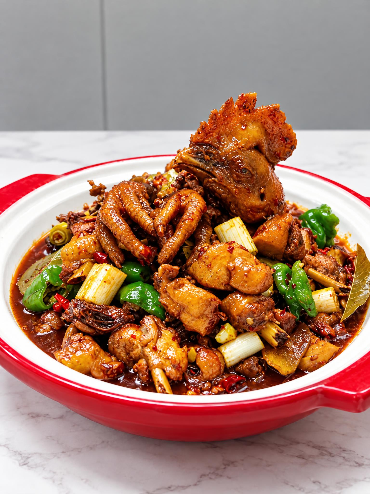基于参考图中的红烧土鸡菜品，生成低角度仰视拍摄的美食摄影图，保… - 图片创意预览