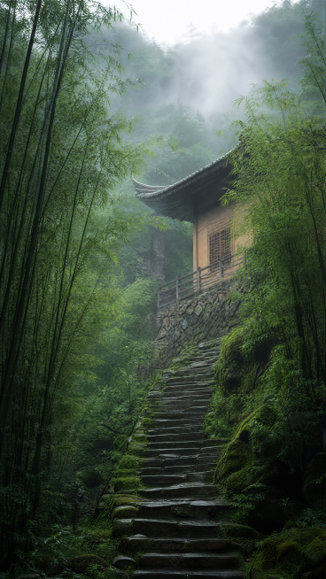 充满禅意的实景图，古寺深山禅院，静谧竹林，青苔石阶，烟雾缭绕，极简留白，宁静悠远的东方禅意氛围，自然实景摄影预览效果