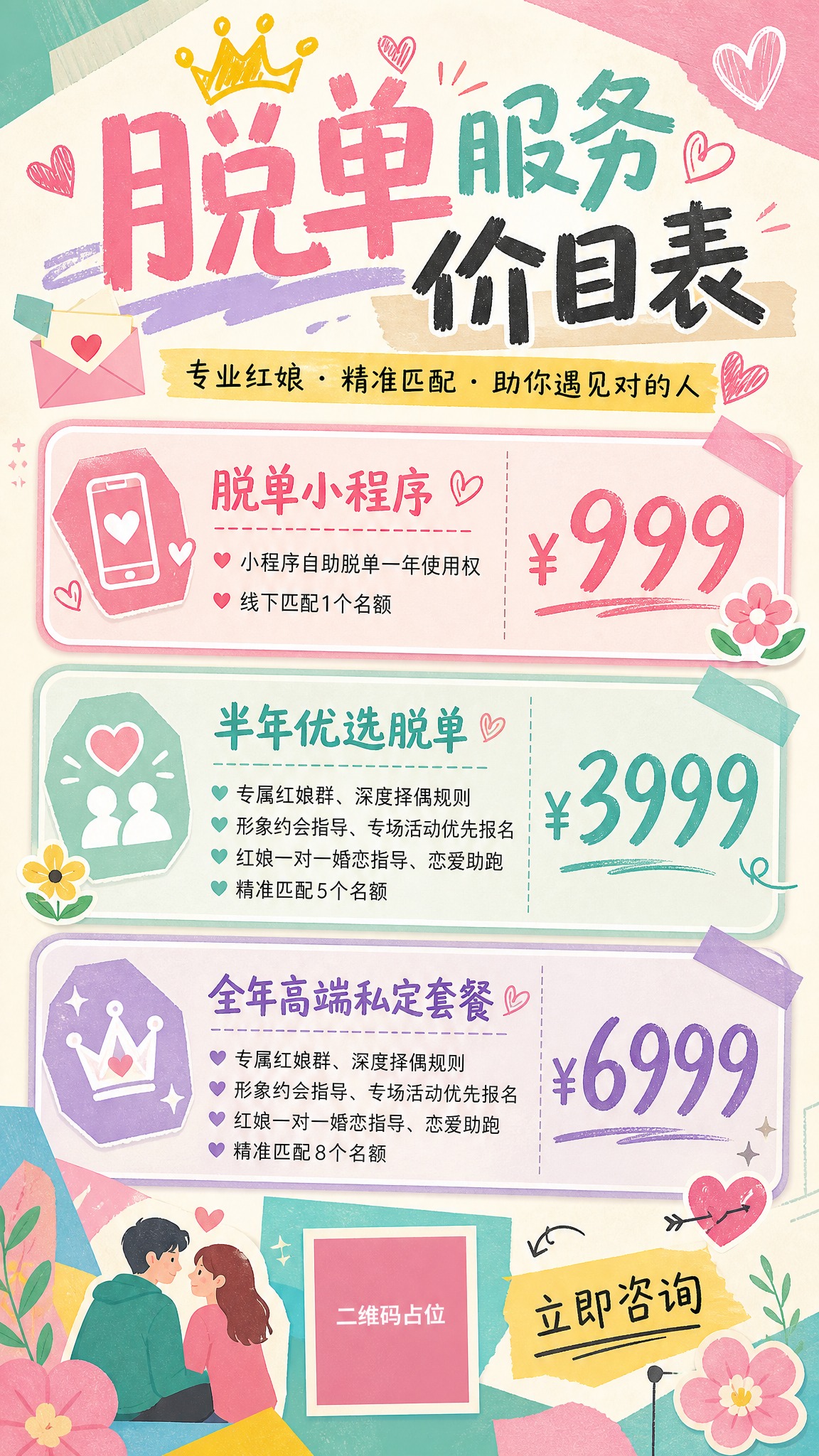 参考图2的扁平插画拼贴风格和版式骨架，重新设计一张脱单服务价目… - 图片创意预览