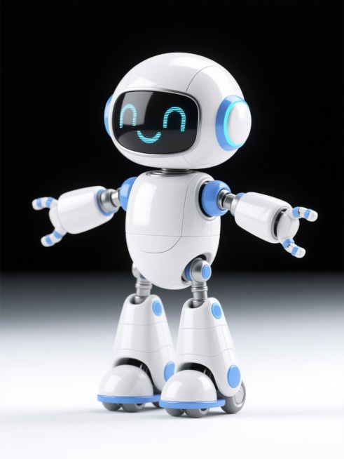 一个友好的卡通风格机器人，主体为白色，关节和细节处有蓝色点缀，头部是流线型圆顶设计，配有黑色的面罩式显示屏，身体呈圆润的柱状，手臂自然伸展，手掌朝向外侧，腿部为带有滚轮的厚重底座设计，整体造型简洁可爱，具有光滑的3D塑料质感，高光和阴影表现清晰，营造出友好、亲切的氛围，背景为纯白色，突出机器人主体。预览效果