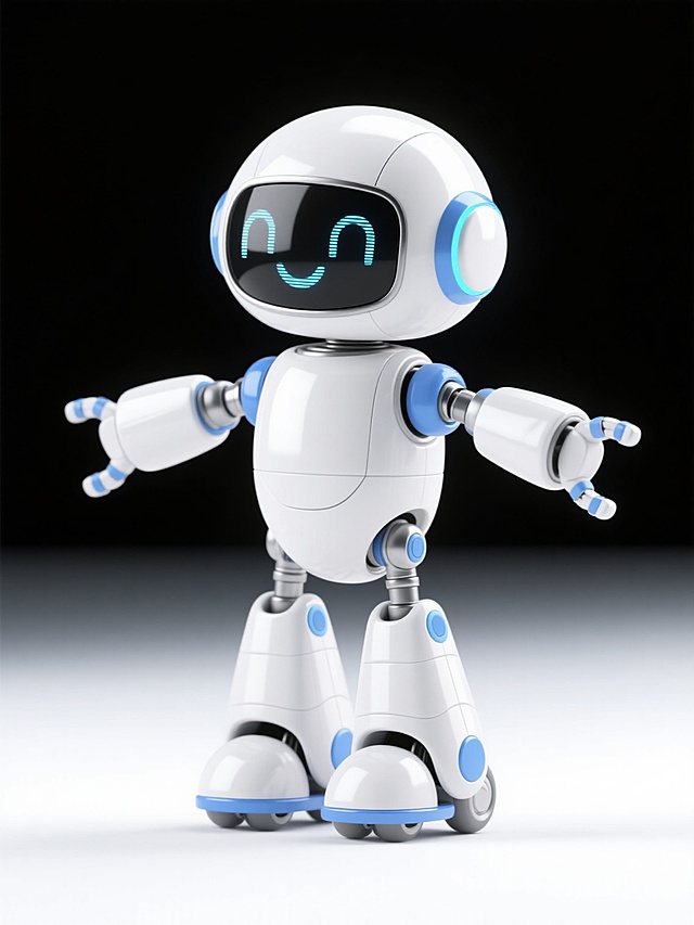 一个友好的卡通风格机器人，主体为白色，关节和细节处有蓝色点缀，头部是流线型圆顶设计，配有黑色的面罩式显示屏，身体呈圆润的柱状，手臂自然伸展，手掌朝向外侧，腿部为带有滚轮的厚重底座设计，整体造型简洁可爱，具有光滑的3D塑料质感，高光和阴影表现清晰，营造出友好、亲切的氛围，背景为纯白色，突出机器人主体。