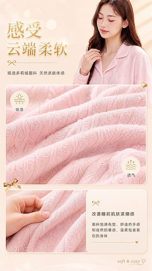 [商品] 使用【图2】海棠粉翻领开衫家居服为面料质感参考，保留多莉绒绞花织纹的立体肌理、海棠粉色调、柔软绒感；商品处理：将面料放大为特写，增强绞花纹理立体感与蓬松绒感，展示真实绞花织纹面料，不改变材质和颜色。
[画面] 目标：面料质感细节页，参考参考图版式：上方右侧人物半身+左侧标题，中间大版面料特写，下方左侧手部触摸面料+右侧信息卡。构图：右上为身着海棠粉家居服的亚洲女性半身特写（翻领开衫，手轻触领口），占画面约30%；中间大版面料飘扬特写，占画面约40%；下方左侧手部捏握面料特写，右侧圆角信息卡。背景：奶油粉色渐变柔光，光斑点缀。
[视觉] 套系策略：风格=温柔慵懒居家美学，暖调奶油质感高级画报风；标题字=优雅衬线粗体，带金属金色渐变字效；正文字=简洁无衬线体；主色=奶油米杏+柔粉；背景延展=基于奶油米杏做深浅层级、同色渐变和细腻织物/柔光质感；强调色=香槟金，仅用于小面积图标、引线、蝴蝶结装饰和标题字效；标题色=香槟金渐变；正文色=暖棕灰；组件=圆角米白信息卡、金线引线、蝴蝶结装饰、爱心小元素；光影=侧上方暖柔光，面料自然明暗层次突出肌理。
[文字] 左上主标题"感受 云端柔软"，副标题"精选多莉绒面料 天然亲肤体感"；面料图上左右两个圆形图标：左侧"吸湿"配水滴图标，右侧"透气"配波浪图标；下方右侧信息卡文案："改善睡前肌肤紧绷感 面料饱满有型，舒适的手感和自然的垂感，温柔包裹着你的身体"；底部右下角小号英文"soft & cozy"。
[规格] 图片比例9:16竖版，4K，负向提示：避免变形、错字、文字过小、冷蓝/蓝灰背景、面料颜色改变、麻花辫纹理、蝴蝶结印花、绝对化用语、平台Logo水印。
