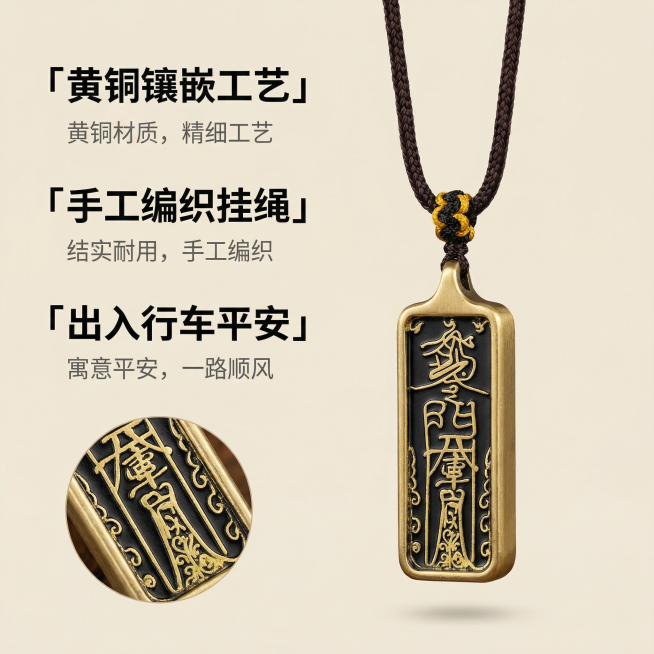 [主图 2] 唐卡开车平安符吊坠核心亮点展示。氛围风格：国风禅意，品质质感。画面元素：保留原有吊坠外观完全不变，采用拼图构图，主图展示吊坠佩戴效果，左下角小图放大展示唐卡文字细节，背景用干净纯色，保持预览效果