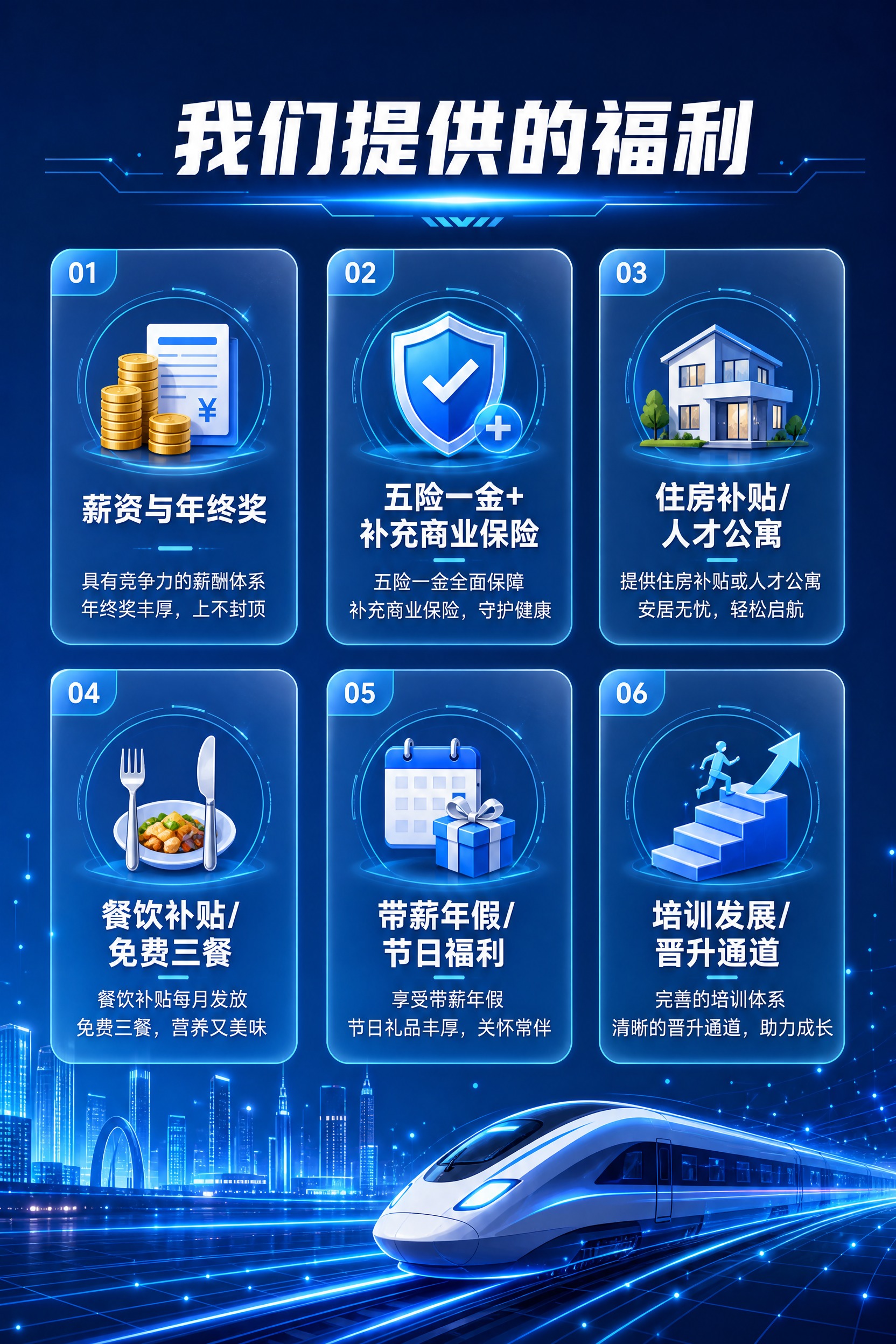 华启智能福利待遇页，校招折页第三页，轨交科技风格，深蓝色主色调… - 图片创意预览