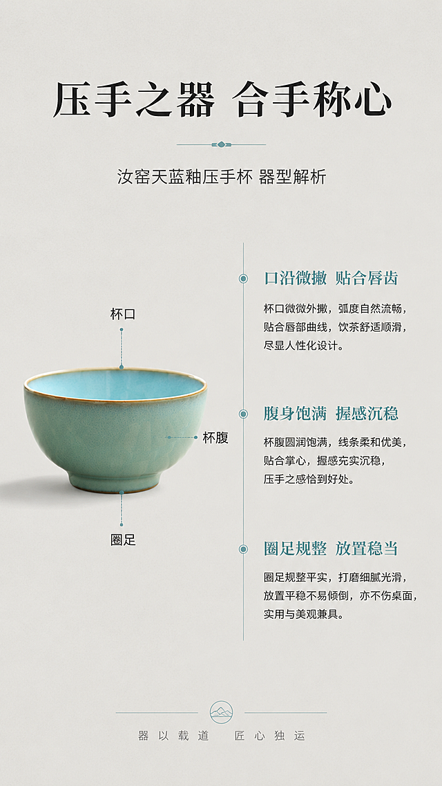 汝窑天蓝釉压手杯器型解析详情页，新中式简约风格。画面左侧展示压手杯侧面全貌，标注杯口、杯腹、圈足三个部位线条，右侧对应文字说明器型特点。顶部大标题压手之器 合手称心，下方分三点介绍：口沿微撇 贴合唇齿、腹身饱满 握感沉稳、圈足规整 放置稳当。米灰色简洁背景，天青色点缀线条，宋体标题加细黑体说明文字，左右分栏布局。9:16竖版，2K高清，器型与参考图一致，结构清晰。