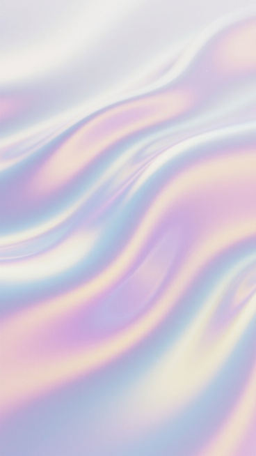 一张具有柔和流动感的渐变背景，以淡淡的镭射光泽白色为基底，融合了粉紫色、淡蓝色和淡黄色的细腻色彩过渡，形成平滑如丝绸般的波浪状纹理，整体色调清新淡雅，光线柔和均匀，呈现出梦幻般的全息效果，色彩之间的边界自然模糊，营造出宁静而富有光泽感的视觉氛围。预览效果