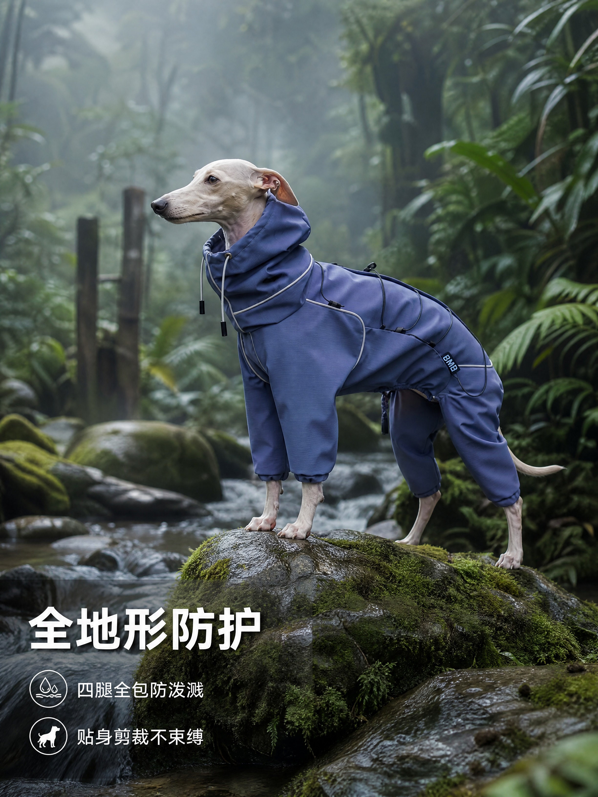 [商品] 使用【图2】【图4】惠比特款蓝色四腿冲锋衣；保留连帽… - 图片创意预览