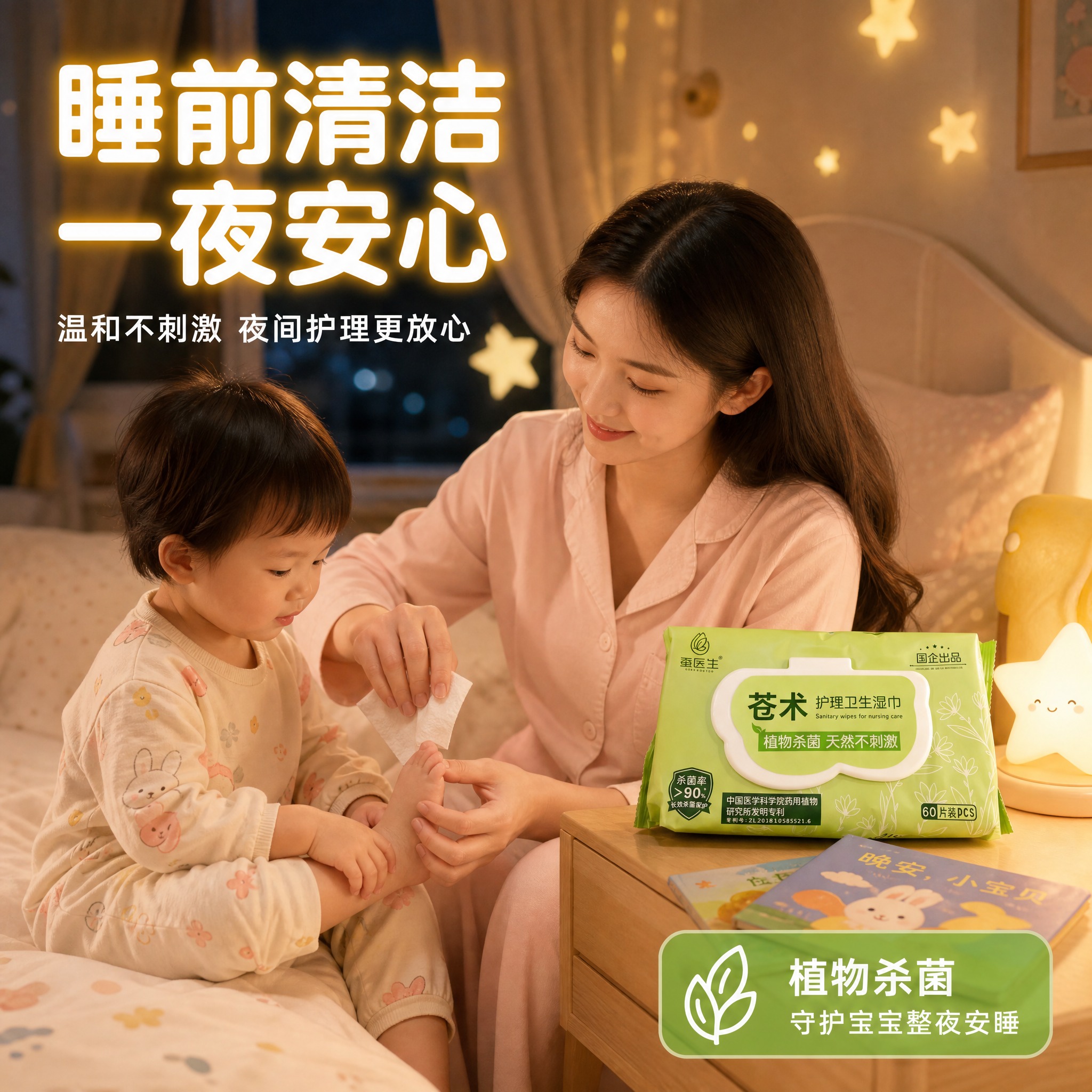 [主图-8] 睡前护理场景图，妈妈在卧室给孩子睡前清洁护理，体… - 图片创意预览