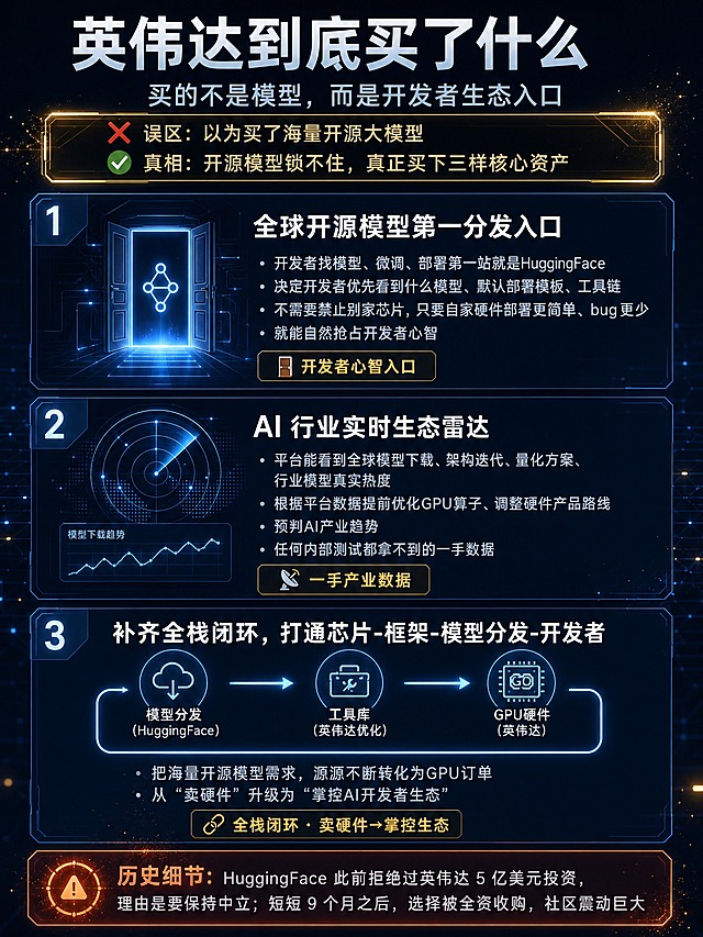 高级暗蓝赛博科技质感的并购战略解析图，竖版3:4比例，2K超清。延续暗蓝科技风：极简商务风，高对比度，超清细腻，极简留白，科技粒子氛围。

顶部大标题："英伟达到底买了什么"
副标题小字："买的不是模型，而是开发者生态入口"

画面顶部有一个纠错提示条（金色边框）：
"❌ 误区：以为买了海量开源大模型
✅ 真相：开源模型锁不住，真正买下三样核心资产"

画面主体是三大核心资产卡片，从上到下依次排列，每张卡片有编号、图标和详细内容：

【资产 1：全球开源模型第一分发入口】
- 图标：一扇发光的数字大门，门上有模型图标
- 标题："全球开源模型第一分发入口"
- 文字："开发者找模型、微调、部署第一站就是HuggingFace | 决定开发者优先看到什么模型、默认部署模板、工具链 | 不需要禁止别家芯片，只要自家硬件部署更简单、bug更少 | 就能自然抢占开发者心智"
- 标签："🚪 开发者心智入口"

【资产 2：AI 行业实时生态雷达】
- 图标：雷达屏幕，显示模型下载趋势曲线和热点分布
- 标题："AI 行业实时生态雷达"
- 文字："平台能看到全球模型下载、架构迭代、量化方案、行业模型真实热度 | 根据平台数据提前优化GPU算子、调整硬件产品路线 | 预判AI产业趋势 | 任何内部测试都拿不到的一手数据"
- 标签："📡 一手产业数据"

【资产 3：补齐全栈闭环】
- 图标：一个完整的闭环流程图：模型分发 → 工具库 → GPU硬件
- 标题："补齐全栈闭环，打通芯片-框架-模型分发-开发者"
- 流程图："开发者在HuggingFace获取模型 → 使用英伟达优化工具库 → 自然跑在英伟达GPU之上"
- 结论："把海量开源模型需求，源源不断转化为GPU订单 | 从'卖硬件'升级为'掌控AI开发者生态'"
- 标签："🔗 全栈闭环 · 卖硬件→掌控生态"

画面底部补充历史细节（橙红色调，戏剧张力）：
"历史细节：HuggingFace 此前拒绝过英伟达 5 亿美元投资，理由是要保持中立；短短 9 个月之后，选择被全资收购，社区震动巨大"

整体视觉：深邃暗蓝色背景，科技网格，金色粒子光效，卡片发光边框，闭环流程图用发光线条，文字清晰层级分明，极简高级商务风。