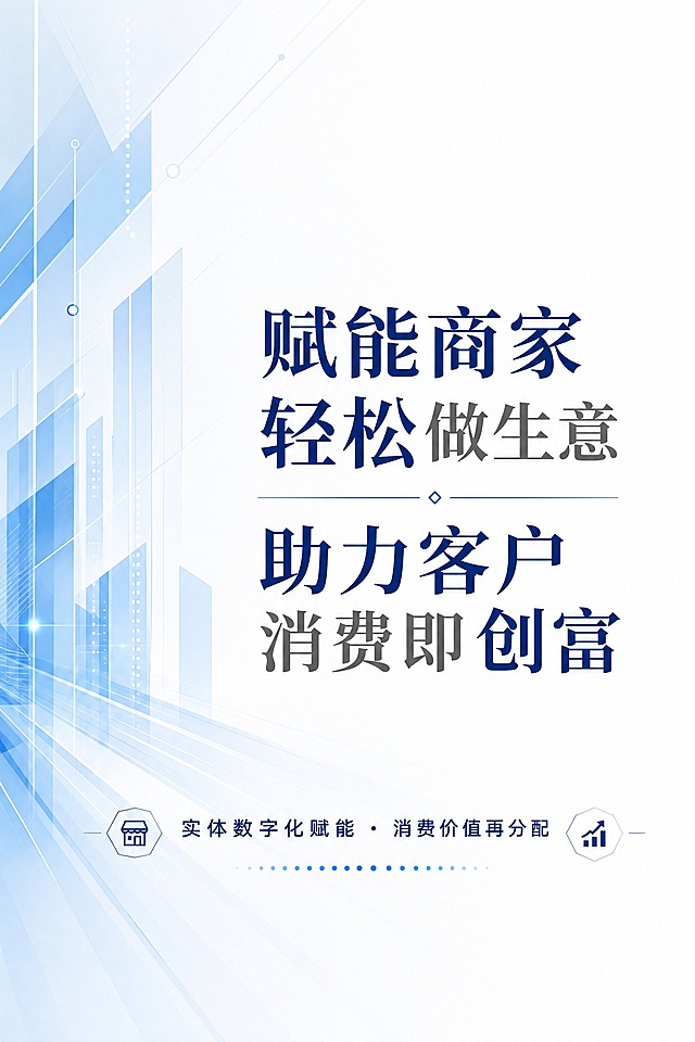 高端商务企业宣传画册扉页，浅色科技风格。白色背景，左侧淡蓝色抽象几何线条装饰，右侧大面积留白。中央大字标语"赋能商家轻松做生意 助力客户消费即创富"，深蓝色与灰色搭配，字体优雅大气。底部小字"实体数字化赋能 · 消费价值再分配"。整体简洁清爽高端，版式精美，A4竖版构图。画面中所有数字必须精确渲染，不得错位、遗漏或编造。画面中所有信息区域必须填充完整合理的内容，不得出现空白框。