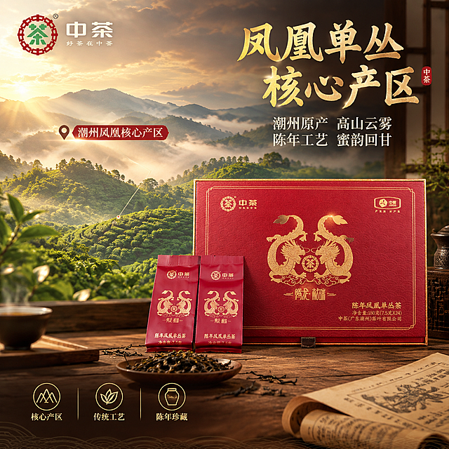 [主图-2] 中茶腾龙献瑞陈年凤凰单丛茶 产地溯源核心卖点 抖音主图
[统一基调] 整体风格为沉浸式国风茶席氛围感，暖调柔光高级质感，背景主色深枣红与暗木棕搭配暖金点缀，茶席茶空间场景。标题字色烫金与米白，辅助字色浅米白与暖棕，强调色朱砂红与金色。主标题用粗宋国风书法体，辅助文案用细黑体。中茶Logo放左上安全区。
[画面] 产品礼盒置于画面右侧，约占画面40%，礼盒正面完整展示。左侧为潮州凤凰山茶园场景虚化背景，层层叠叠的茶山云雾缭绕，晨光洒在茶山上，体现产地氛围。画面中部用细引线从礼盒指向左侧茶山场景，标注「潮州凤凰核心产区」。画面下方散落少量干茶条索与古书籍卷轴元素，增强历史感与溯源感。
[光影质感] 商业摄影质感，自然晨光氛围，左侧茶山有晨雾丁达尔光效，礼盒受光均匀，烫金logo有光泽，整体光线温暖柔和，产地场景与产品自然融合不突兀。
[配色] 茶山青绿与晨雾暖白为背景色，产品礼盒红金为主色，文字烫金与米白，整体色调温暖有自然产地气息。
[文字版式] 左上中茶Logo。右上方主标题烫金色粗宋体「凤凰单丛 核心产区」，下方分两行米白色细黑体辅助文案「潮州原产 高山云雾」「陈年工艺 蜜韵回甘」。左下角小图标加文字「核心产区」「传统工艺」「陈年珍藏」，三个小图标横向排列，图标为简约金色线条风格。文字均放在负空间，不遮挡产品主体。
[输出要求] 1:1比例，文字清晰可读，产品清晰完整不变形，无错字。禁止出现水印、平台Logo、杂乱元素、产品变形。