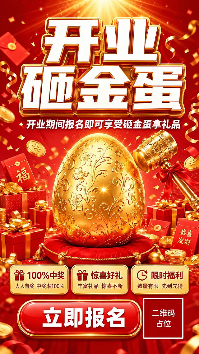 开业砸金蛋活动促销海报，竖版9:16。画面中央是一颗巨大的金色金蛋，金蛋表面有精美的花纹和光泽，金蛋周围散落着金币、红色礼盒、礼花彩带、红包等喜庆元素。背景为红色渐变，顶部有金色光芒放射效果。主标题为超大粗黑体白色字带金色描边"开业砸金蛋"，位于画面上方居中。副标题为白色字"开业期间报名即可享受砸金蛋拿礼品"，位于主标题下方。画面中部偏下有三个金色圆角矩形标签，分别写着"100%中奖"、"惊喜好礼"、"限时福利"。底部有一个红色渐变按钮，按钮内白色文字"立即报名"，按钮旁有二维码占位符（纯色方块中央标注"二维码占位"文字）。整体风格喜庆热闹，红金配色，3D立体元素，电商促销感，版式精美，层次分明。画面中所有数字必须精确渲染，不得错位、遗漏或编造。画面中所有信息区域必须填充完整合理的内容，不得出现空白框、空白占位、横线待填写区域、空列表项、空单元格。