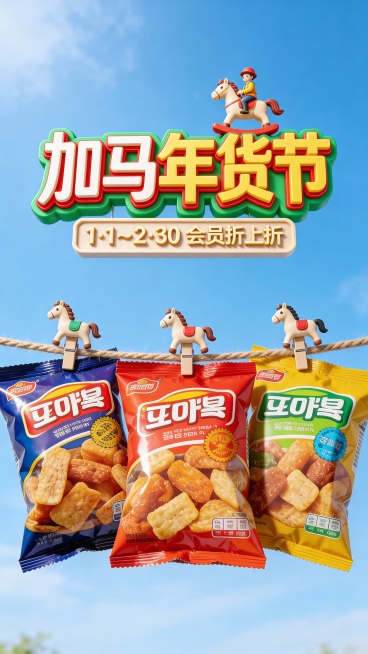 写实风，轻微仰拍视角，主体位于画面中心，被小马造型的夹子在一根麻绳上，主体占画面比60%，保持主体特征不变。高饱和暖色调，户外蓝色天空，清新趣味感氛围，顶部主标题为3D红绿黄配色标题“加马年货节”（骑预览效果
