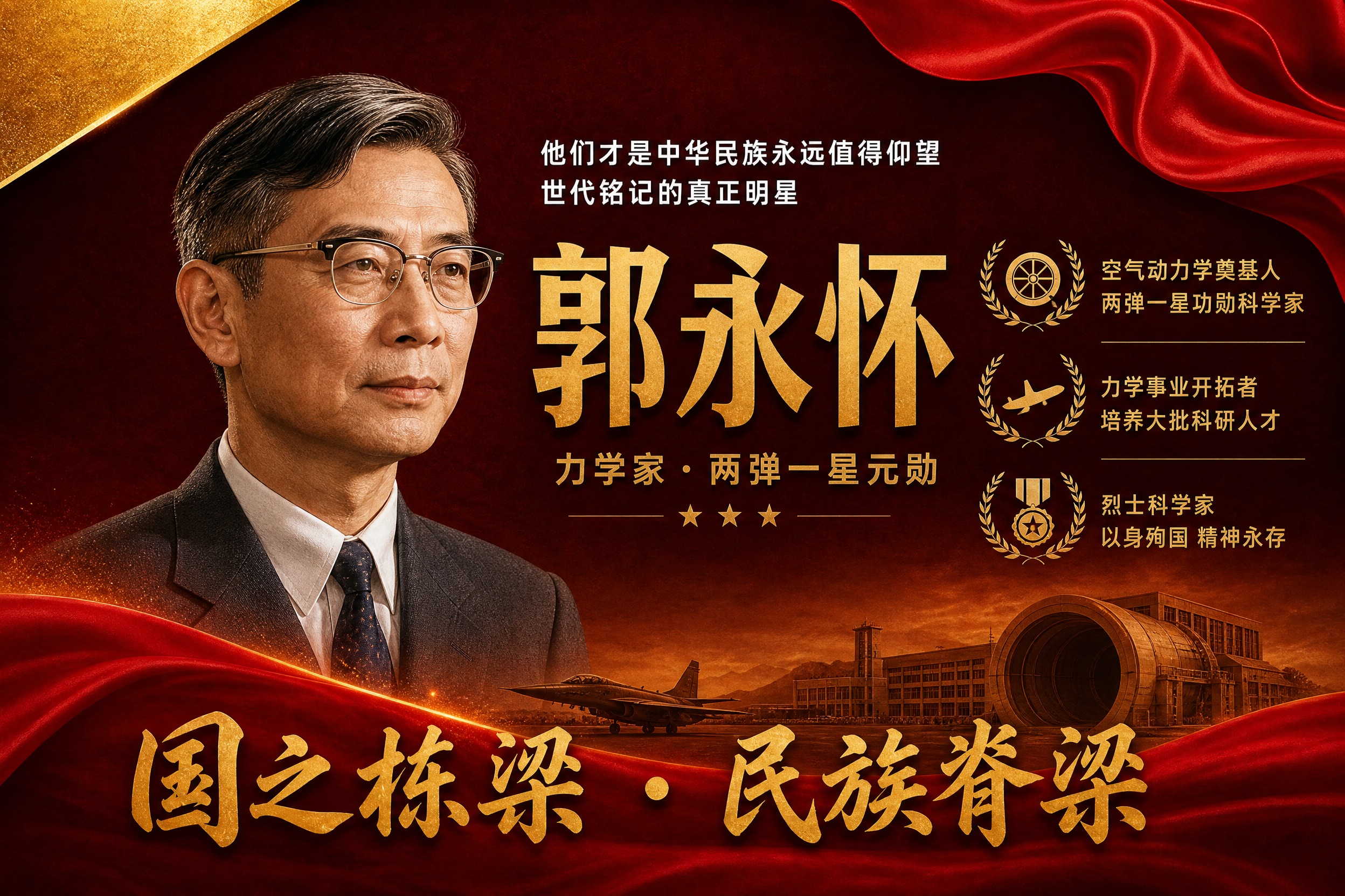 横版国之栋梁人物挂画海报，郭永怀主题，参考图版式风格复刻，红金… - 图片创意预览