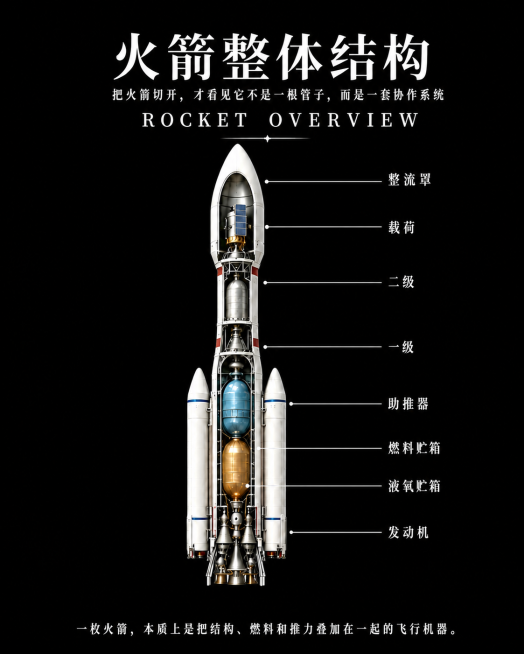 保留火箭结构不变，将背景改为纯黑色，所有文字内容改为白色预览效果