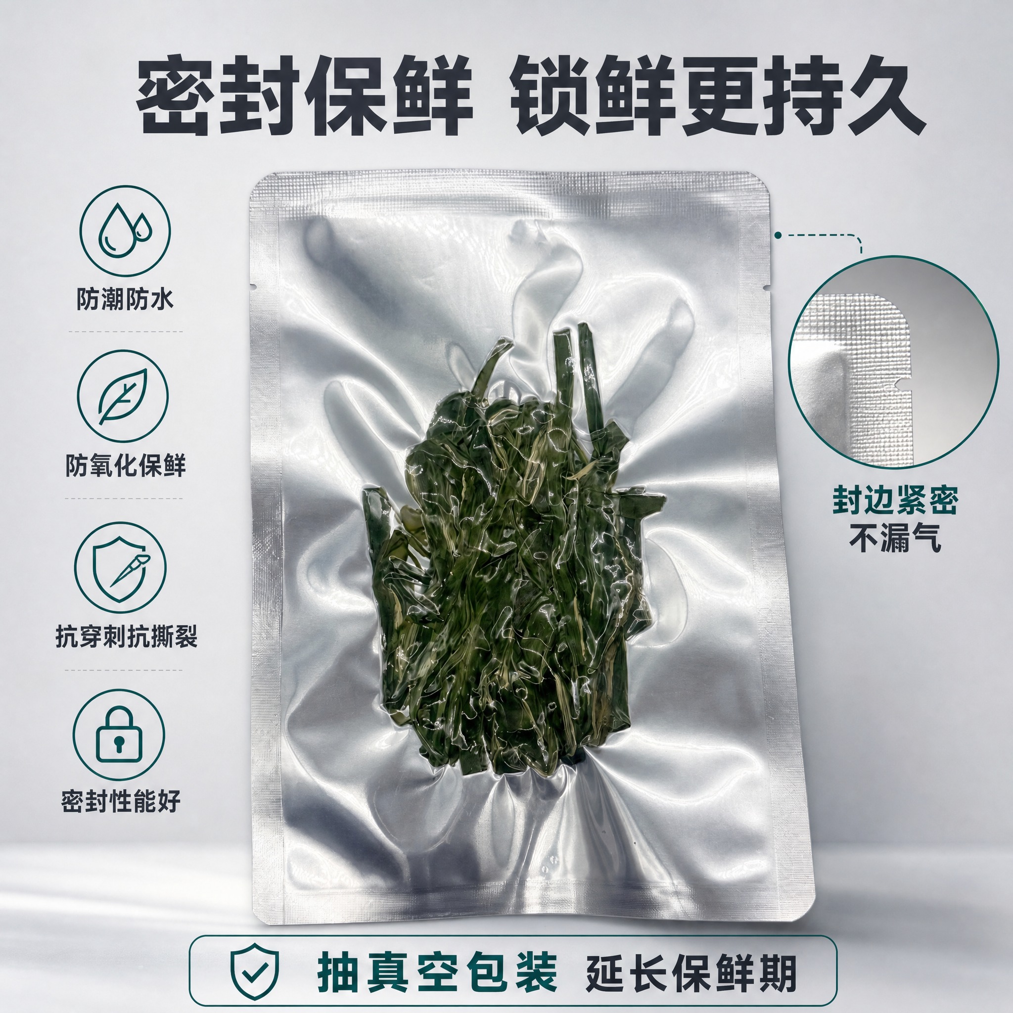 [主图-2] 阴阳铝箔真空袋核心卖点图，突出密封性能与防潮防水… - 图片创意预览