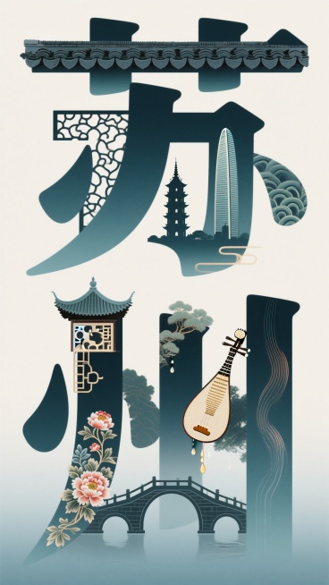 城市字体设计，创意字体设计，插画设计，文字"苏州""苏"字内穿插设计：拙政园镂空花窗、虎丘塔剪影、工业园区东方之门轮廓  ，"州"字内穿插设计：周庄双桥曲线、苏绣牡丹纹样、评弹琵琶造型  ，辅以纹样园预览效果