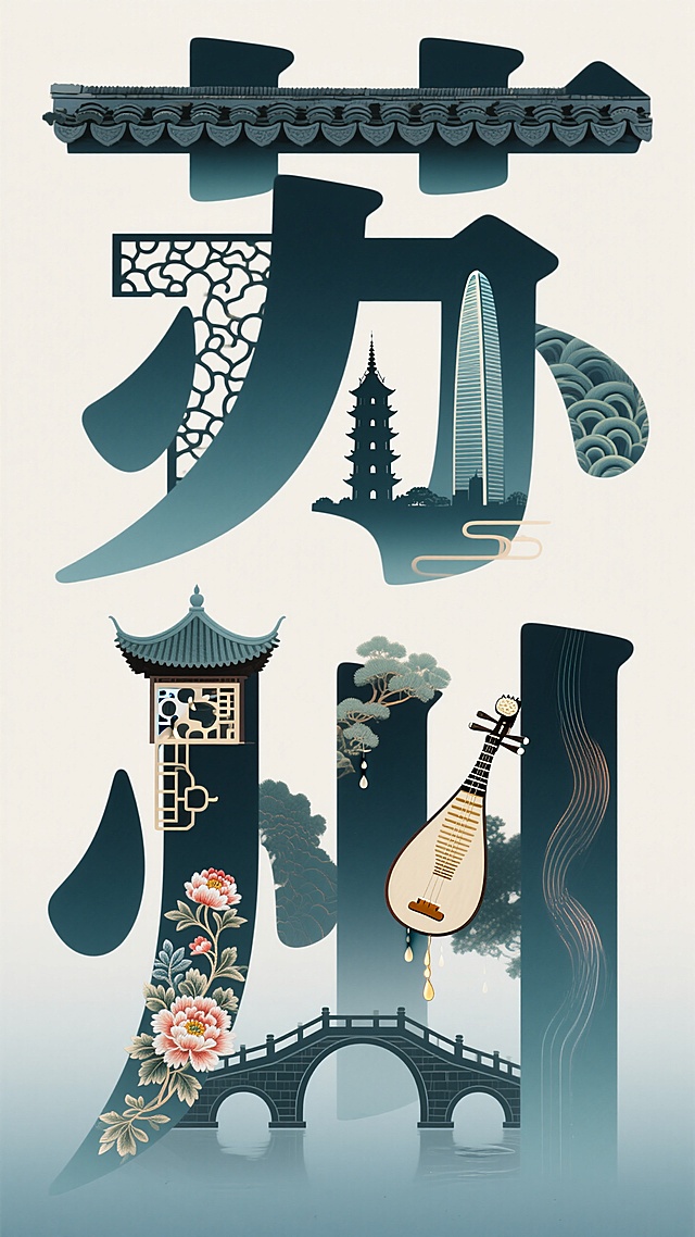 城市字体设计，创意字体设计，插画设计，文字"苏州""苏"字内穿插设计：拙政园镂空花窗、虎丘塔剪影、工业园区东方之门轮廓  ，"州"字内穿插设计：周庄双桥曲线、苏绣牡丹纹样、评弹琵琶造型  ，辅以纹样园林瓦当滴水纹，光纤线条渐变，背景米白色+黛青色渐变