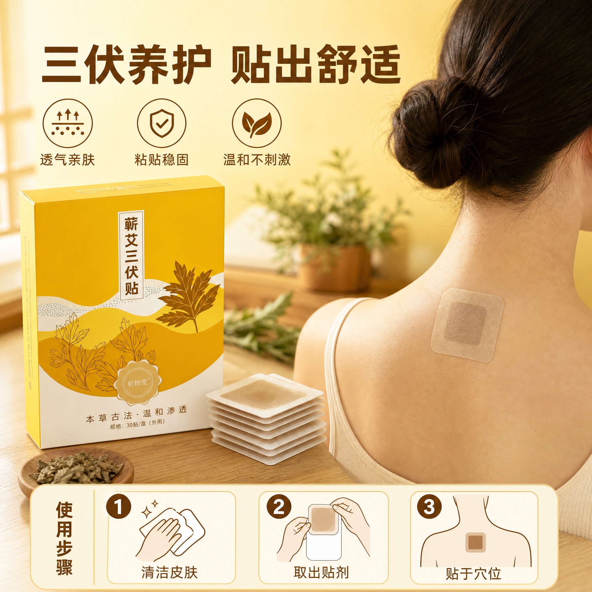 [主图-3] 蕲艾三伏贴使用场景与贴敷展示 真人局部使用 [统… - 图片创意预览