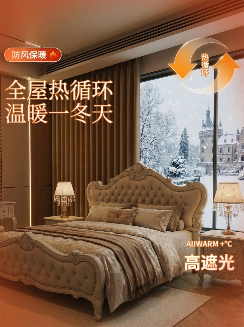 保持窗帘的面料和花纹不变，把室内家居场景换成不同风格，各种角度都来一点，窗户外面一定要是冬天，还有室内要有温暖的氛围预览效果