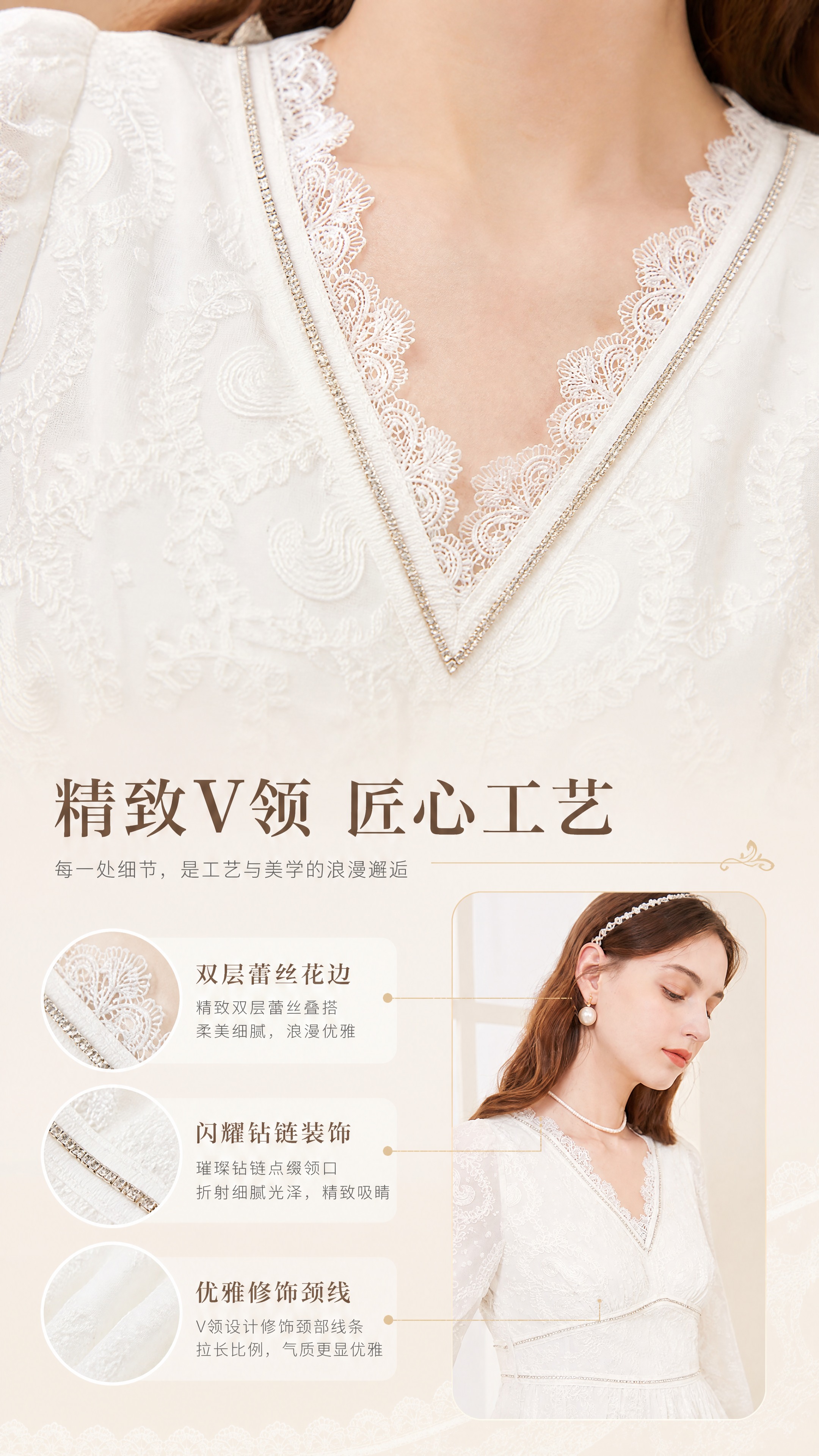 [商品] 使用【图2】【图6】白色V领蕾丝刺绣长袖连衣裙领口特… - 图片创意预览