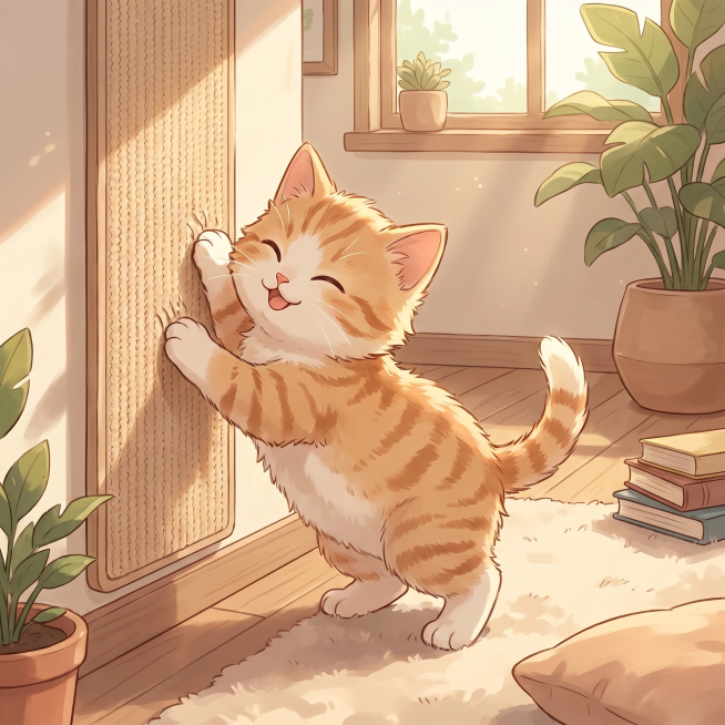 根据提供的剑麻猫抓板，生成一只可爱猫咪正在玩这个猫抓板的动漫风格画面，温馨治愈的卡通画风预览效果