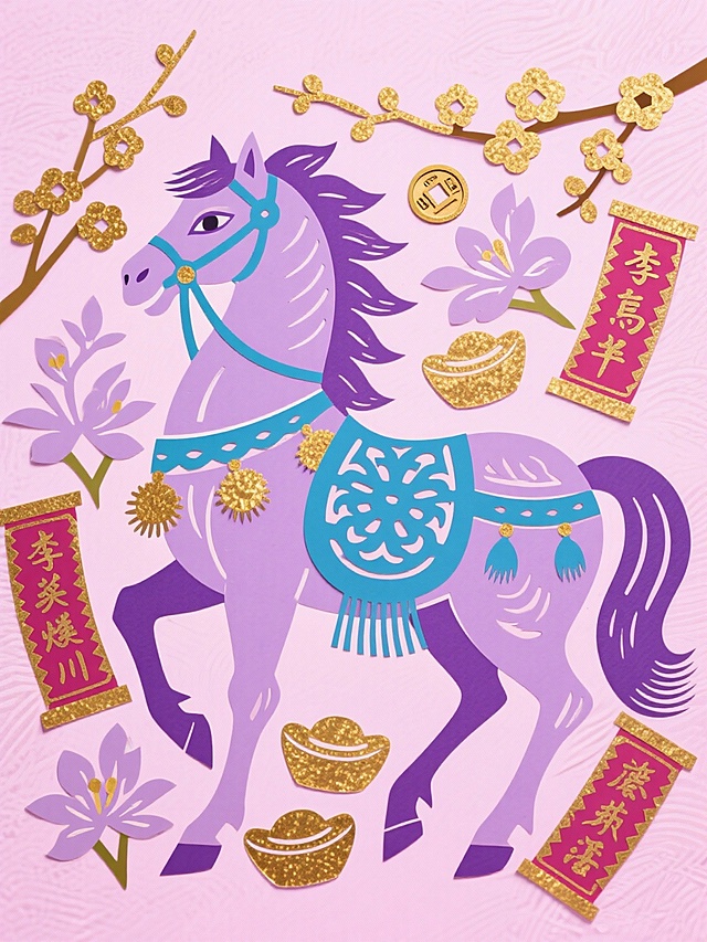 主体是浅紫骏马（装饰湖蓝纹样、绒球配饰，点缀金箔质感），周围环绕金梅、兰花、铜钱、春联等吉祥元素，背景为藕荷色纹理，配色浓烈鲜艳（浅紫、湖蓝、藕荷、金等），风格喜庆华贵、充满传统吉祥寓意