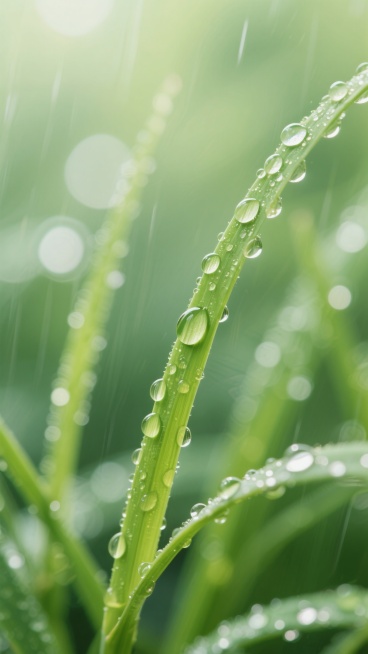 微距摄影风格，不同画面内容的雨滴背景，嫩绿细长的植物茎叶上布满晶莹剔透的雨滴，水珠饱满圆润，表面光滑反光，清晰映照周围环境，背景为柔和虚化的绿色调，带有自然散景光斑，光线明亮柔和，呈现出清新湿润的雨后氛围，整体画面聚焦于雨滴的细节质感与植物的生机活力，色彩以绿色为主，色调清新自然，光影层次丰富，营造宁静而富有生命力的意境。预览效果