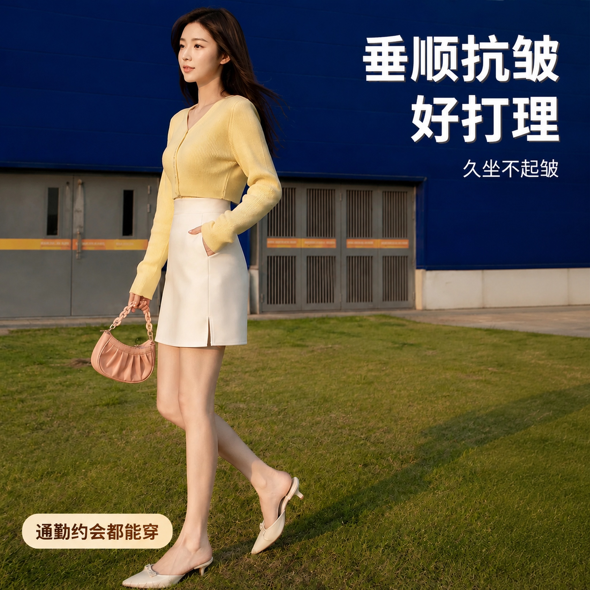 在这张白色高腰开叉A字半身短裙侧面穿搭主图上，添加抖音风格卖点… - 图片创意预览