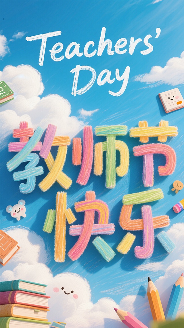 可爱风格 教师节字体，蓝天白云