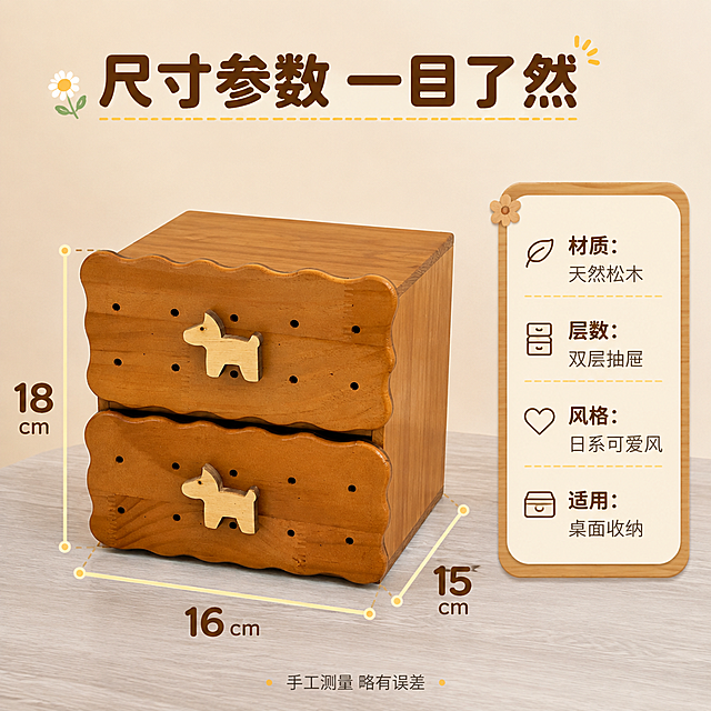 [主图-5] 主题：产品尺寸规格展示，清晰标注长宽高参数。
[统一基调] 日系原木风温馨治愈风格，整体暖色调，背景主色为米白浅木色，标题字色为深棕色，辅助字色为暖灰色，强调色为奶黄色，字体为圆润无衬线体，字号层级分明，卡片采用圆角木质感边框，图标为简约手绘风。
[画面] 产品正侧面45度视角，完整展示立体形态，产品占画面约60%，放置在浅灰色木质台面上。用清晰的尺寸标注线标注产品的长宽高：高度约18cm、宽度约16cm、深度约15cm（示意比例），标注线为奶黄色，尺寸数字为深棕色大号字体。画面右侧放置一个信息卡片，木质感圆角边框，内列核心参数："材质：天然松木"、"层数：双层抽屉"、"风格：日系可爱风"、"适用：桌面收纳"。背景为浅米色渐变背景，简洁干净。产品外观保持原样：双层抽屉、小狗拉手、波浪边缘、小孔装饰全部保留。
[光影质感] 柔和均匀的影棚光线，产品立体感强，底部有自然投影，木纹清晰，商业产品摄影质感。
[配色] 原木棕产品，米白背景，奶黄色标注线和卡片边框，深棕色文字，整体简洁明了。
[文字版式] 顶部主标题"尺寸参数 一目了然"，深棕色粗体大字。尺寸标注数字清晰醒目。右侧信息卡片内文字左对齐，深棕色，参数项加粗。底部小字"手工测量 略有误差"，暖灰色小号字体。文字均不遮挡产品主体。
[输出要求] 1:1正方形比例，2048*2048像素，尺寸标注清晰，产品完整，文字易读。禁止尺寸标注混乱、产品变形、错字、模糊、水印、平台Logo。