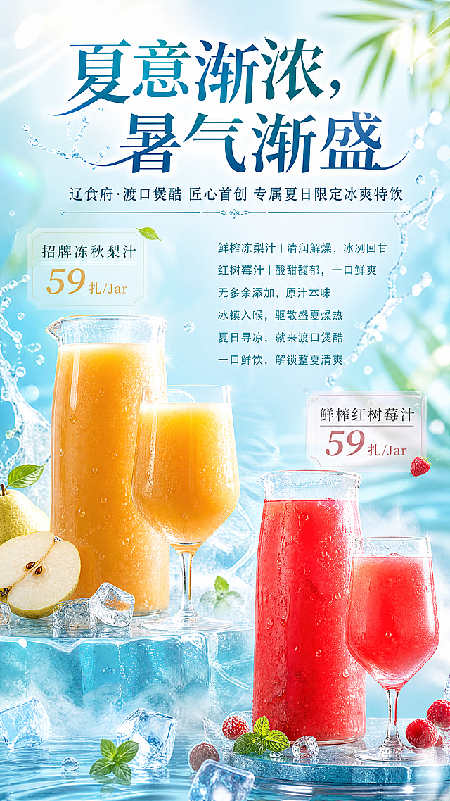 重新制作竖版夏日宣传海报，风格调整为更加清新通透的冰爽夏日氛围，突出饮品的清凉质感，文字排版采用更活泼的设计，标题醒目突出，保留所有文案信息：标题“夏意渐浓，暑气渐盛”，副标题“辽食府·渡口煲酷 匠心首创 专属夏日限定冰爽特饮”，介绍文字“鲜榨冻梨汁｜清润解燥，冰冽回甘 红树莓汁｜酸甜馥郁，一口鲜爽 无多余添加，原汁本味 冰镇入喉，驱散盛夏燥热 夏日寻凉，就来渡口煲酷 一口鲜饮，解锁整夏清爽”，保留价格信息“招牌冻秋梨汁 59 扎/Jar”和“鲜榨红树莓汁 59 扎/Jar”，竖版构图。