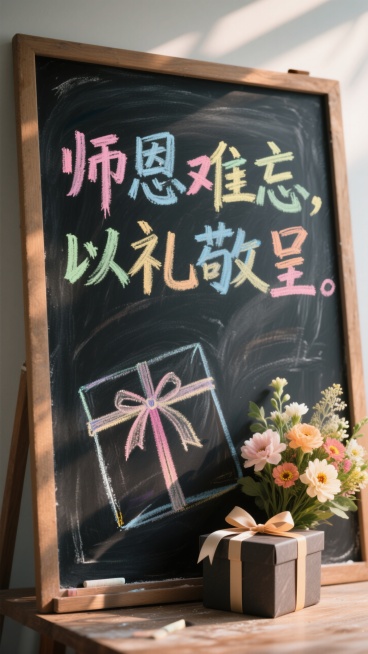 "师恩难忘，以礼敬呈"文字，字的笔画不同颜色的粉笔手绘，下面有粉笔画的礼盒和花束，放在一块简单的黑色黑板上。预览效果