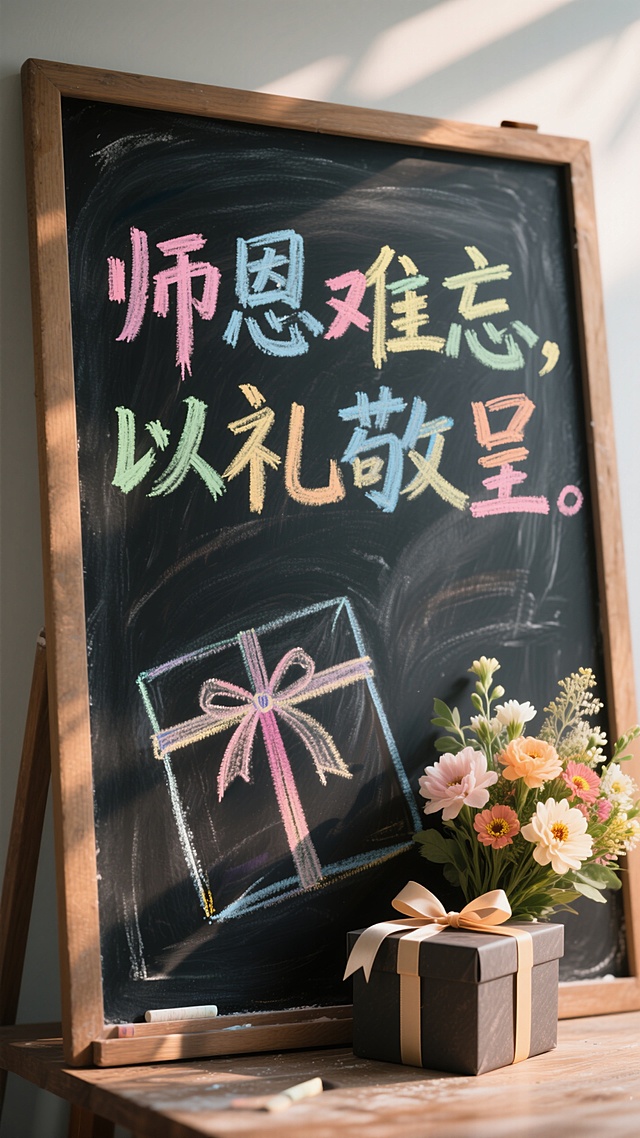 温馨蜡笔风黑板，大字文艺感表达师恩难忘，配以礼盒鲜花，教师节创意设计。