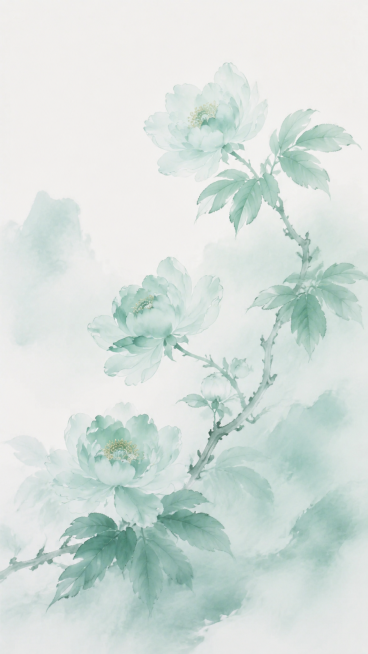 新中式水墨花卉，浅青绿色调，写意国画风格，淡雅空灵，花卉花枝，和参考图风格一致，不同的花卉布局构图预览效果