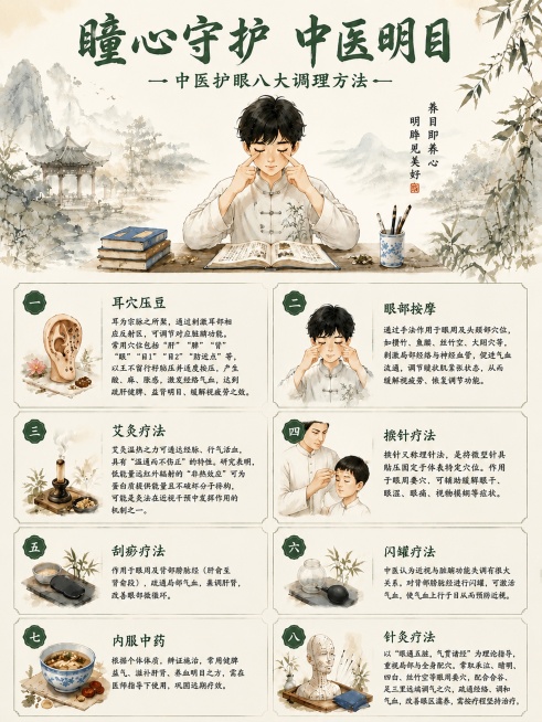 复刻参考海报版式骨架和中式水墨风格，生成中医护眼八大调理方法宣传海报。整体为新中式国风，浅米白色背景，淡墨山水竹林装饰。
主标题文字："瞳心守护 中医明目"，副标题文字："—中医护眼八大调理方法—"，预览效果