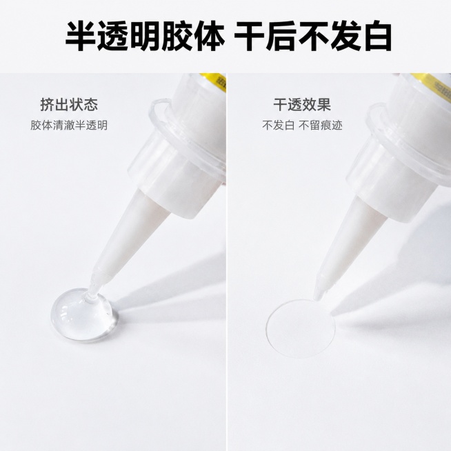 [主图-2] 核心卖点展示，突出胶体半透明不发白特性
[氛围风格] 干净通透的产品效果展示风
[画质] 商业摄影质感，光线柔和通透，细节清晰真实，画面干净高级
[元素] 左图展示从胶水瓶口挤出的半透明预览效果