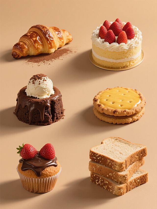 纯色背景，6个不同烘焙元素的系列素材集合规整排布，每个元素保持超写实摄影风格，具有金黄酥脆的质感、细腻的糖霜/粉末细节和清晰的高光阴影，元素包括：1. 撒满可可粉的巧克力熔岩蛋糕配香草冰淇淋球，2. 表面呈焦糖色的牛角面包，层次分明，3. 顶部有草莓和奶油裱花的圆形生日蛋糕，4. 表面光滑的黄油曲奇饼干，边缘微焦，5. 淋着巧克力酱的草莓马芬蛋糕，6. 堆叠的全麦吐司片，带有自然麦麸纹理，整体构图对称平衡，色彩统一为暖色调，光线从斜上方照射，突出食物的立体感和新鲜感。