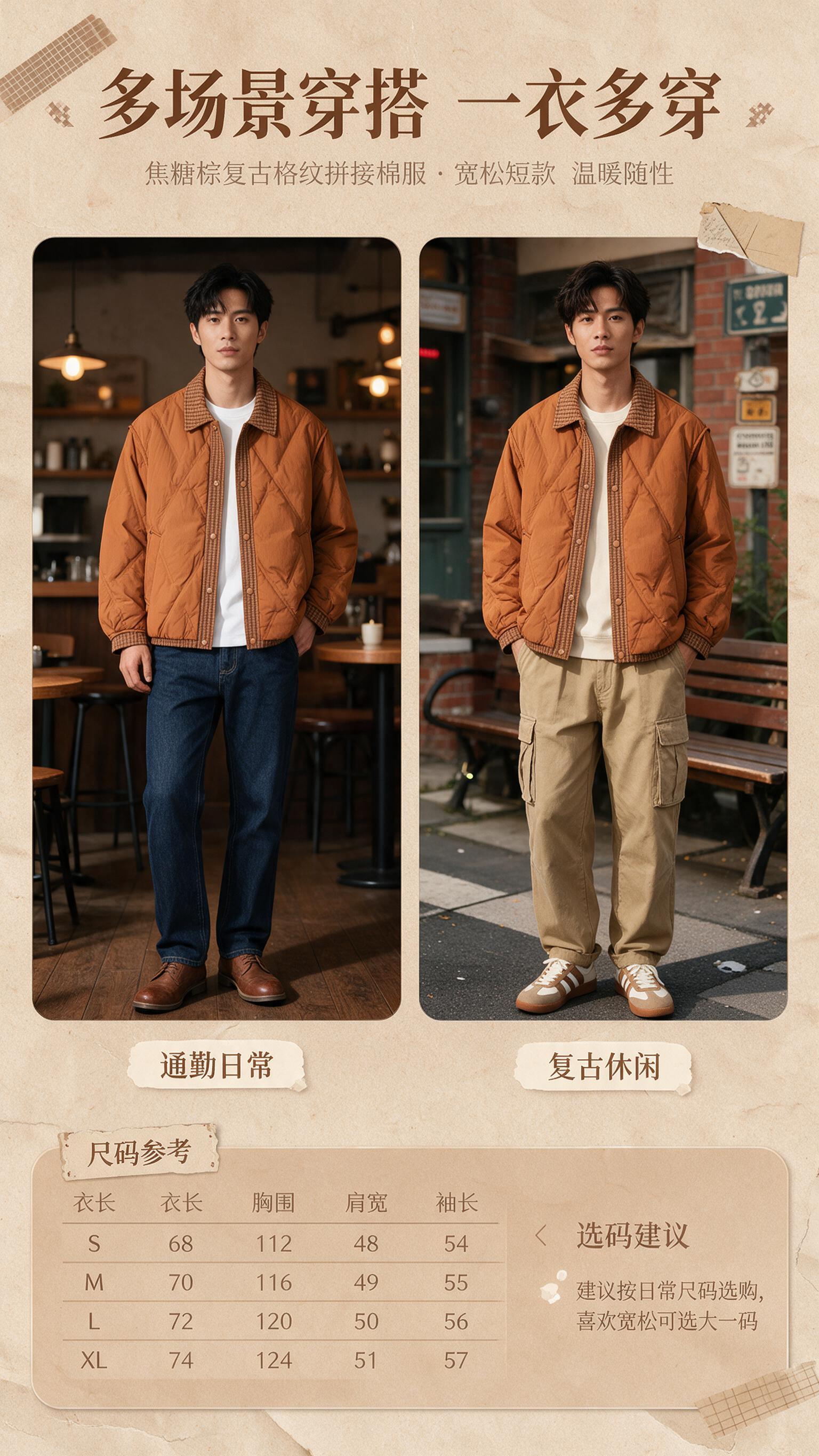 [商品] 使用【图1】焦糖棕复古格纹拼接翻领棉服夹克；商品处理… - 图片创意预览