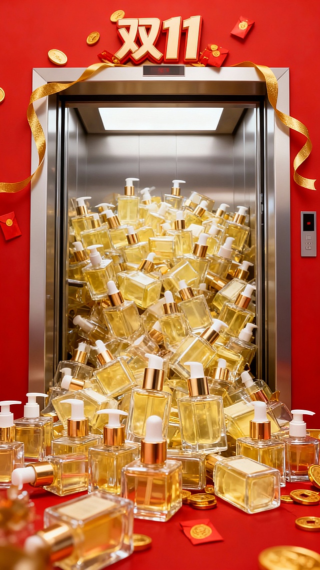 将画面中的主体提取到一个开门的电梯画面，主体重复的、拥挤的、密集且杂乱堆叠，堆满内部，从电梯中涌出到画面前方，电梯门框有金色丝带装饰，并有门头“双11”字体装饰，点缀金币、红包，红色主色调