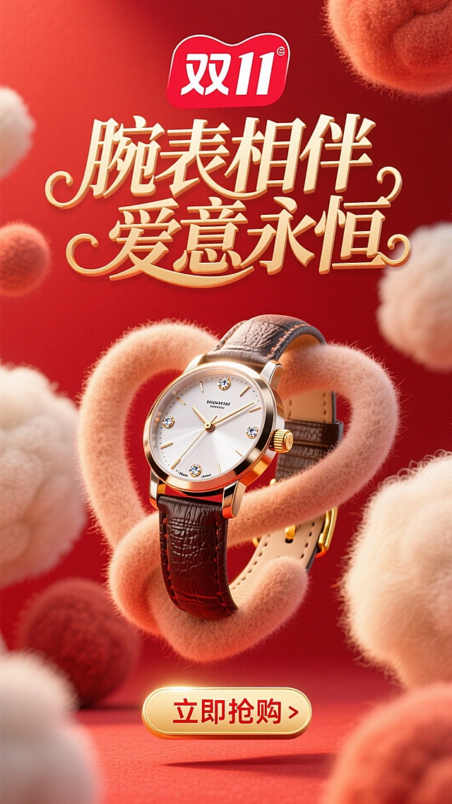 商业摄影风格，比例 16:9。以鲜艳的红色为背景，营造热烈氛围。画面正中央是巨大且优雅的主标题 “腕表相伴 爱意永恒”，采用金色立体艺术字体，笔画粗细变化富有韵律，表面有细腻的光泽质感，像是被柔和灯光照亮，凸显奢华与浪漫。标题上方显著位置为 “双 11” Logo，设计简约现代，以红色与白色为主色调，红色与背景呼应，白色线条勾勒出独特造型，醒目突出。画面核心的手表质感上乘，金属表身散发着冷冽光泽，表盘镶嵌着璀璨宝石，指针精准指向特定时刻，表带纹理清晰，与金色表扣相得益彰。画面底部的 “立即抢购” 按钮为醒目的金色，搭配红色文字，按钮具有强烈的立体效果，仿佛悬浮在背景之上，周围有一圈淡淡的红色光晕，吸引观者注意力，整体画面充满商业促销的活力与魅力。