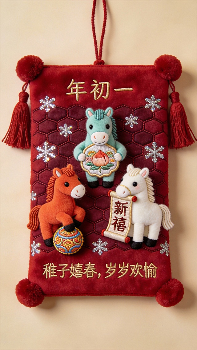 国潮风刺绣挂饰，拟人化小马萌趣十足，融合喜庆红与卡通元素，点缀雪花亮片，传递新年欢愉氛围。