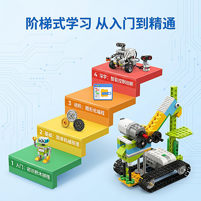 [主图 3] 途道编程机器人进阶学习路径主图。[氛围风格] 科教益智风格，科技机械风，清晰专业氛围。[画质] 商业摄影质感，光线柔和通透，产品清晰真实，画面干净高级。[元素] 画面展示阶梯进阶示意图，从基础入门到深度进阶，背景搭配途道编程机器人整体产品，保持产品外观（物理结构、材质质感、颜色）与输入产品图绝对一致，杜绝任何变形和色差，精细化处理。阶梯分为四段：入门→基础→进阶→深学，每段阶梯搭配对应的造型示例和要点标签。背景为浅蓝科技背景，带有细微电路纹理装饰。商品主体占比约60%，构图均衡，画面满屏无边框。[光影] 整体光线均匀明亮，阶梯层次清晰，产品立体通透，无死黑阴影。[配色] 主色调科技浅蓝，阶梯用绿黄橙红渐变区分，文字与背景强对比，清晰易读。[视角构图] 中心对称构图，阶梯从左下向右上延伸，视觉引导清晰，机器人产品放在右侧衬托。[文字版式] 顶部居中大标题「阶梯式学习 从入门到精通」蓝色加粗，每个阶梯左侧标注大号深色数字，右侧标注要点文字：1「入门：初识积木拼搭」2「基础：简单机械原理」3「进阶：图形化编程」4「深学：智能控制创新」，字号对比清晰，层级分明。[比例分辨率] 1:1比例，2k分辨率，文字清晰锐利，画面超高清。[负向提示词] 变形，水印，文字错乱，产品图模糊，背景杂乱，牛皮癣，遮挡主体，配色刺眼