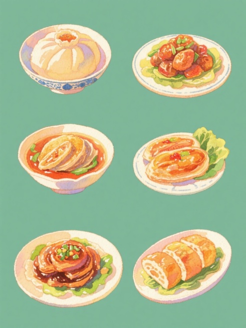 手绘水彩风格美食插画，纯色背景，六个完全不同的中式传统美食元素规整排布成系列素材集合，保持与原图一致的厚重水彩笔触质感、鲜艳明亮的色彩搭配、高光与阴影的立体表现，每个美食元素都具有细腻的纹理刻画和饱满的形态，整体构图平衡对称，视觉层级清晰，符合美食主题的温馨欢快氛围，设计感强且信息传达直接。预览效果