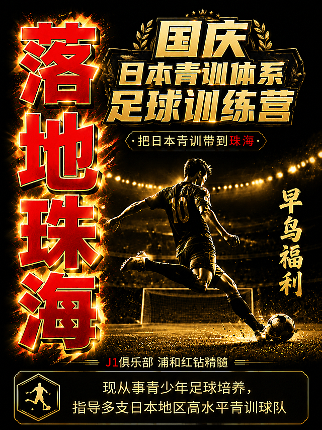 将这张足球训练营海报调整为小红书封面比例（3:4竖版），重新构图适配：

保留所有核心元素：左侧红色超大"落地珠海"竖排大字、顶部金色"国庆日本青训体系足球训练营"主标题、副标题"把日本青训带到珠海"、中间运动员射门主视觉、右侧"早鸟福利"竖排金色字、底部"J1俱乐部 浦和红钻精髓"及信息卡片。

按3:4比例重新排布，上下适当裁剪，元素比例协调，四周留安全边距，整体黑金高端运动质感保持不变，排版精美大气，文字清晰可读。